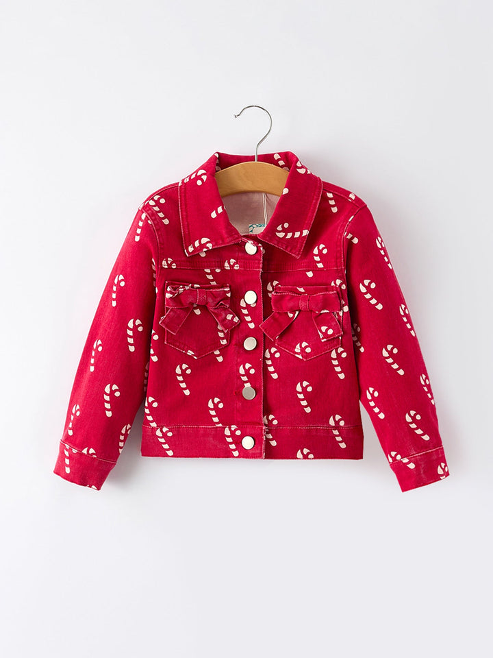 Girls Red Christmas Themed Denim Jacket