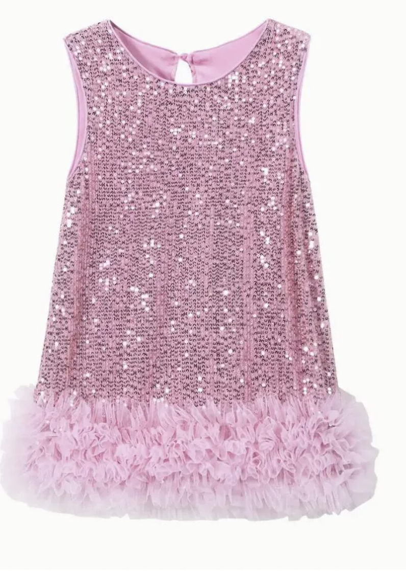 Morgan Mae Girls Sequin Ruffle Sleeveless Pink Dress