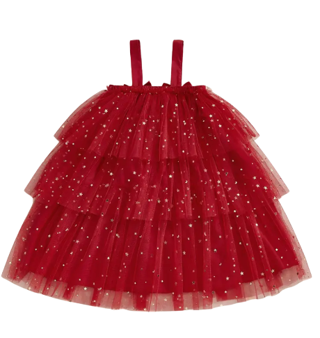 Layered Tulle Dress in Red