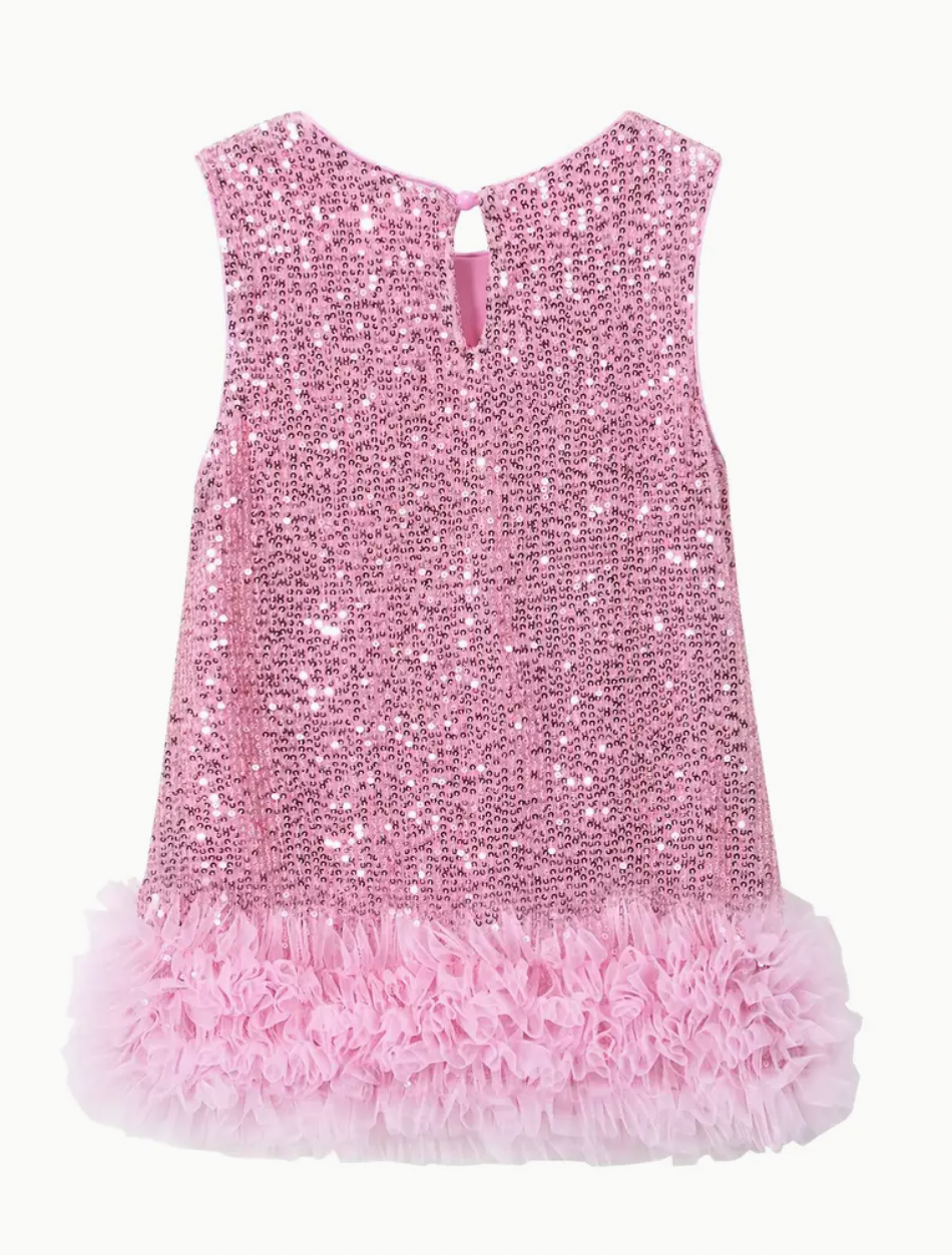 Morgan Mae Girls Sequin Ruffle Sleeveless Pink Dress